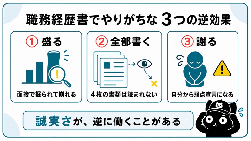 職務経歴書でやりがちな3つの逆効果(盛る・全部書く・謝る)