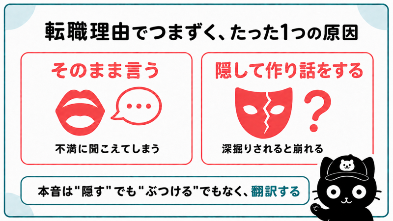 転職理由でつまずく原因|そのまま言うと不満に聞こえ、隠して作ると深掘りで崩れる