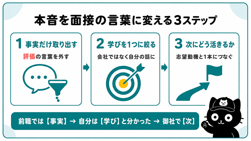 転職理由の翻訳3ステップ|事実だけ取り出す・学びを1つに絞る・次にどう活きるか