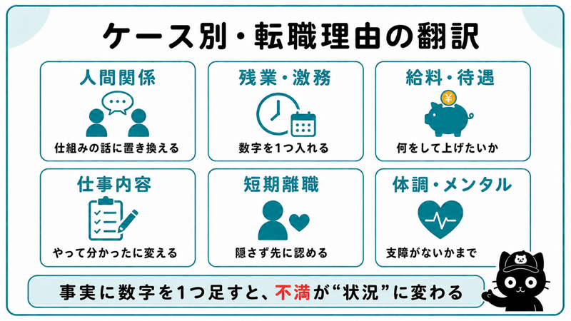 ケース別の転職理由の翻訳|人間関係・残業・給料・仕事内容・短期離職・体調の6つ