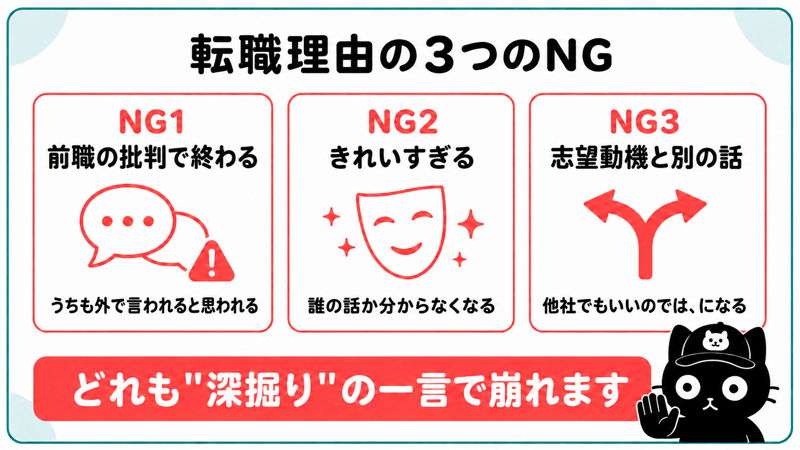 転職理由の3つのNG|前職の批判で終わる・きれいすぎる・志望動機と別の話になっている
