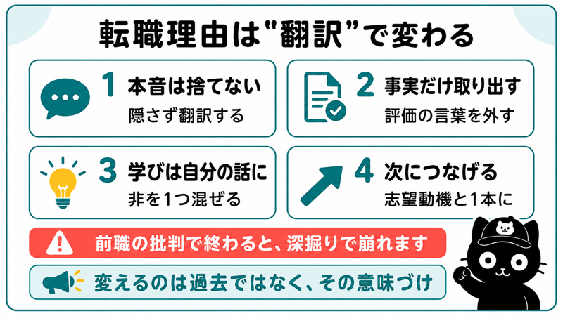 転職理由のまとめ|本音は捨てない・事実だけ取り出す・学びは自分の話に・次につなげる