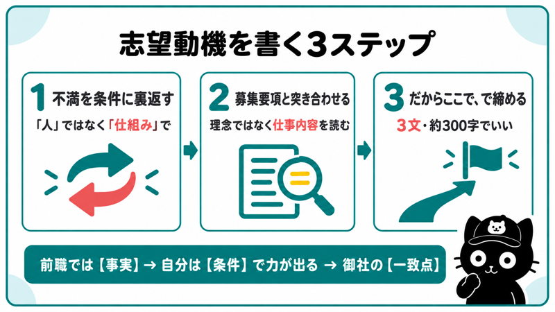 志望動機を書く3ステップ|不満を条件に裏返す・募集要項の事実と突き合わせる・だからここでで締める