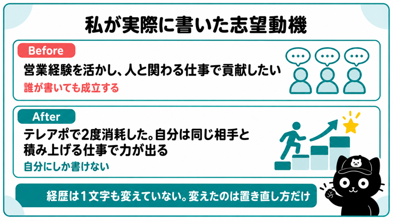 志望動機のビフォーアフター|誰でも書ける文から、自分にしか書けない条件の話に変えた実例