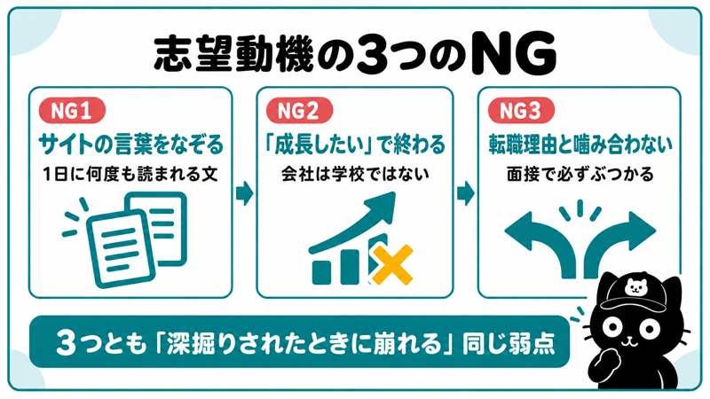 志望動機の3つのNG|企業サイトをなぞる・成長したいで終わる・転職理由と噛み合っていない