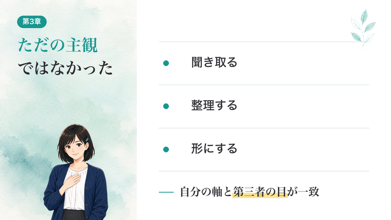 自分なりの軸が、第三者の目にも同じ形に見えた。それが「ほっとした」の正体でした。