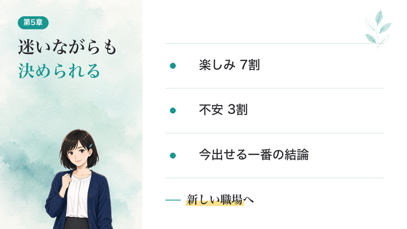 迷いがゼロでなくても、今出せる一番の結論に集中できる。それで十分です。