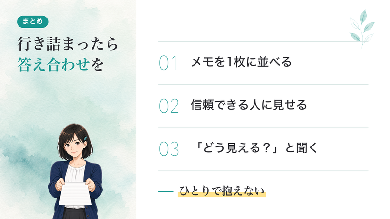 新しいワークより、今あるメモを1枚に並べて、誰かに見せることから。