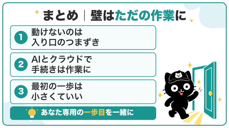 動けないのは入り口のつまずき。AIとクラウドで手続きは作業になった。最初の一歩は小さくていい
