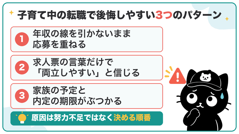 後悔しやすいのは、年収の線がない・求人票の言葉だけで信じる・家族の予定とぶつかるの3つ