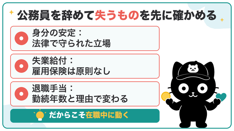 公務員を辞めて失うもの：身分の安定・失業給付（雇用保険は原則なし）・退職手当。だからこそ在職中に動く