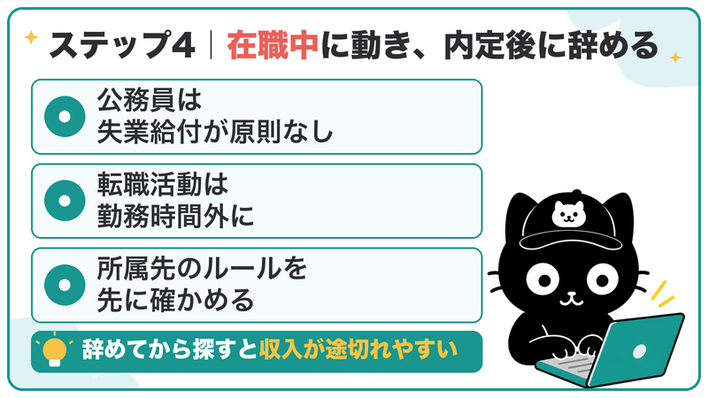 公務員は失業給付が原則ないため、在職中に動き、内定が出てから辞める。所属先のルールも先に確かめる