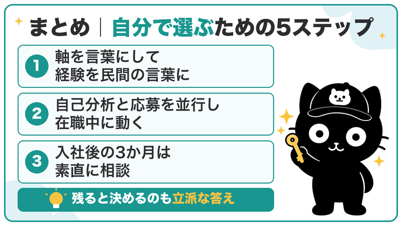 軸を言葉にし、経験を民間の言葉に直し、在職中に動く。残ると決めるのも立派な答え