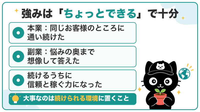 強みは「ちょっとできる」で十分。大事なのは、続けられる環境に置くこと
