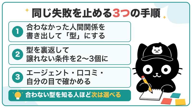 合わなかった人間関係を型にし、譲れない条件を2〜3個に絞り、入社前に3つの方法で確かめる