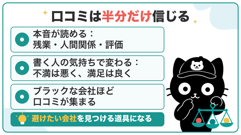 口コミは半分だけ信じる。本音が読める一方で、書く人の気持ちで中身が変わる。ブラックな会社ほど口コミが集まる