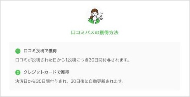 口コミパスの獲得方法。口コミ投稿なら投稿した日から30日間、クレジットカードなら決済日から30日間で30日後に自動更新